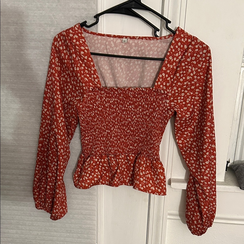 Red & White Floral long sleeve Smocked Blouse
